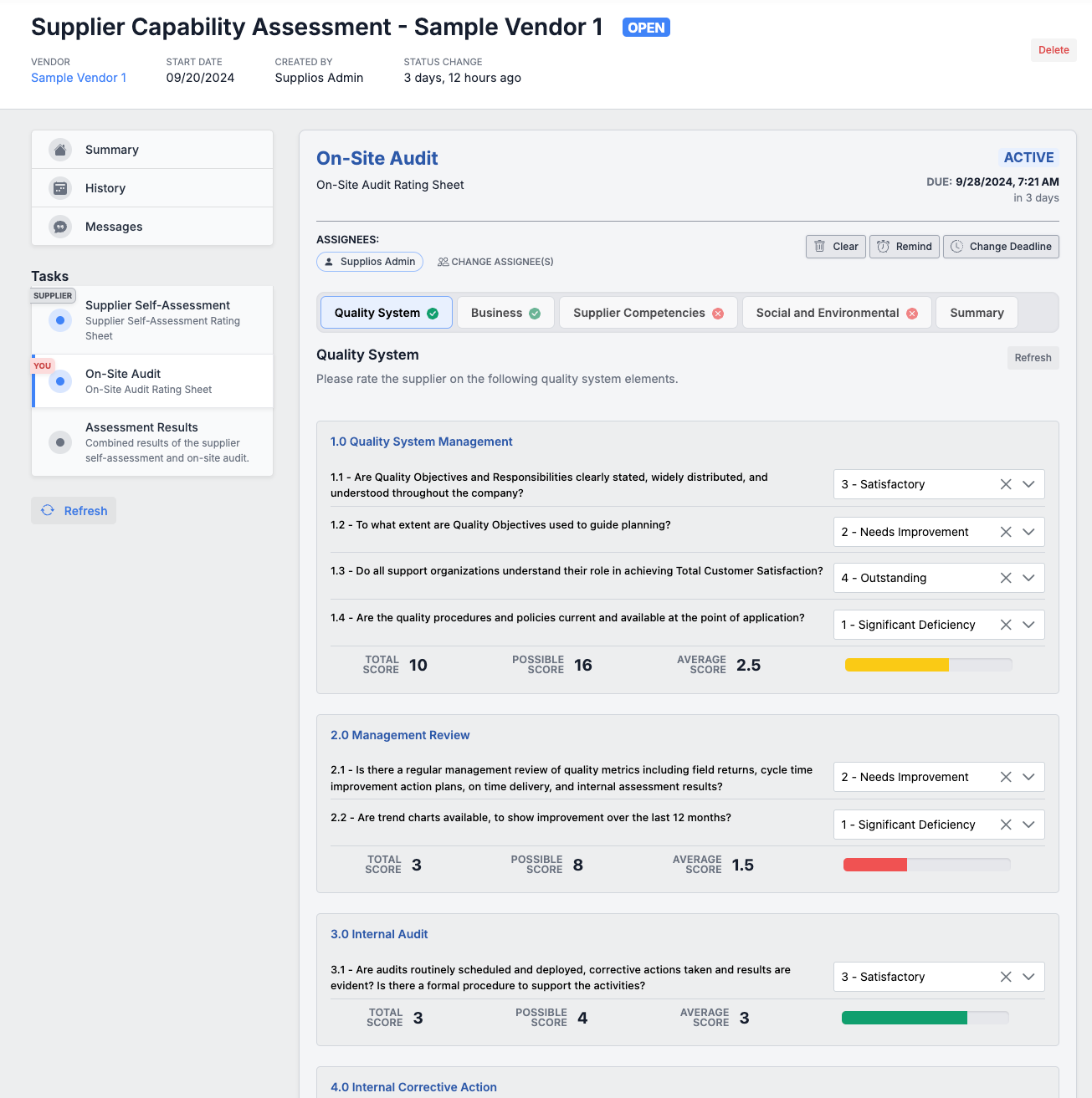 Supplier assessment example in Supplios