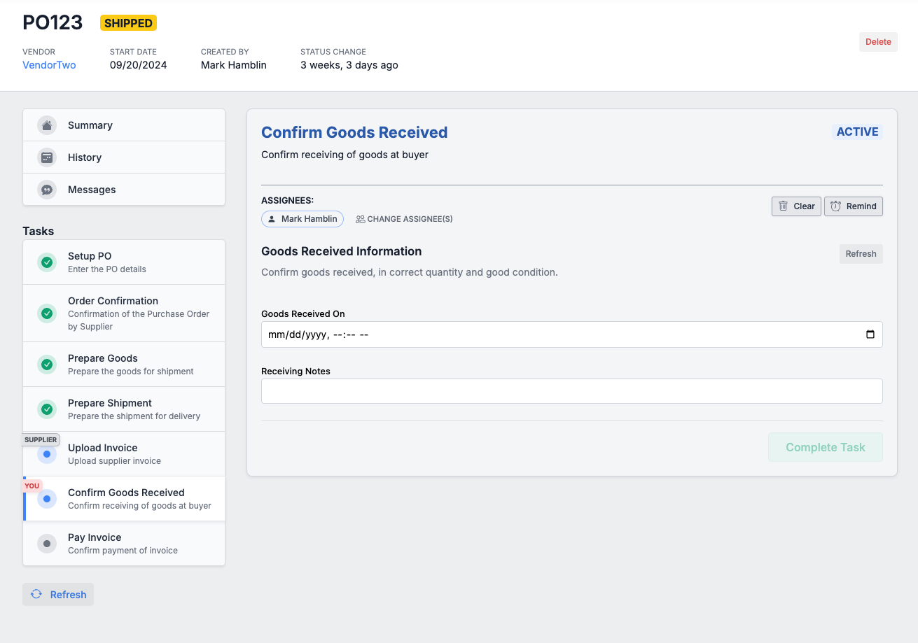 Goods receipt tracking in the Supplios Order Management module