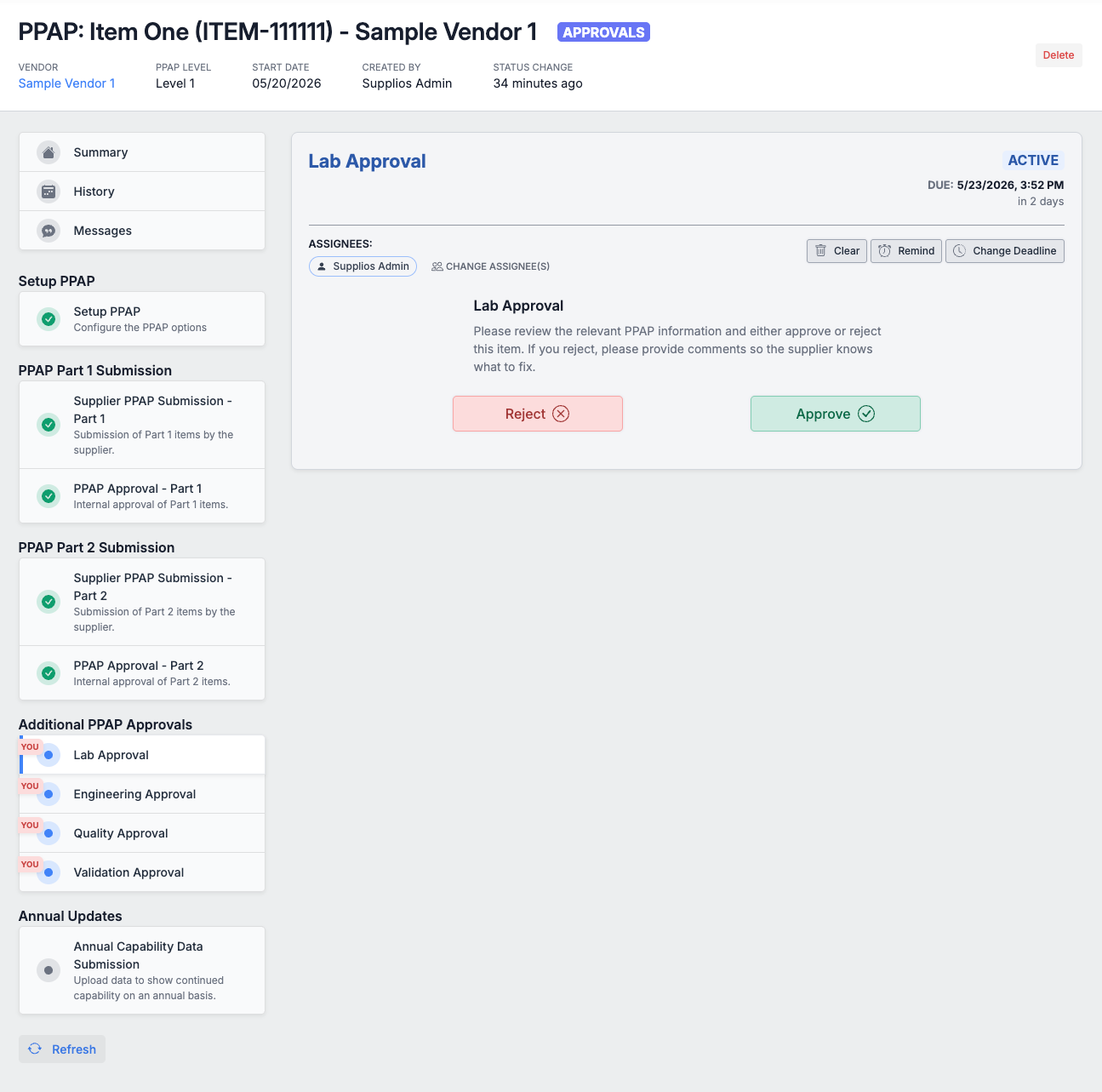 Supplier PPAP details in Supplios