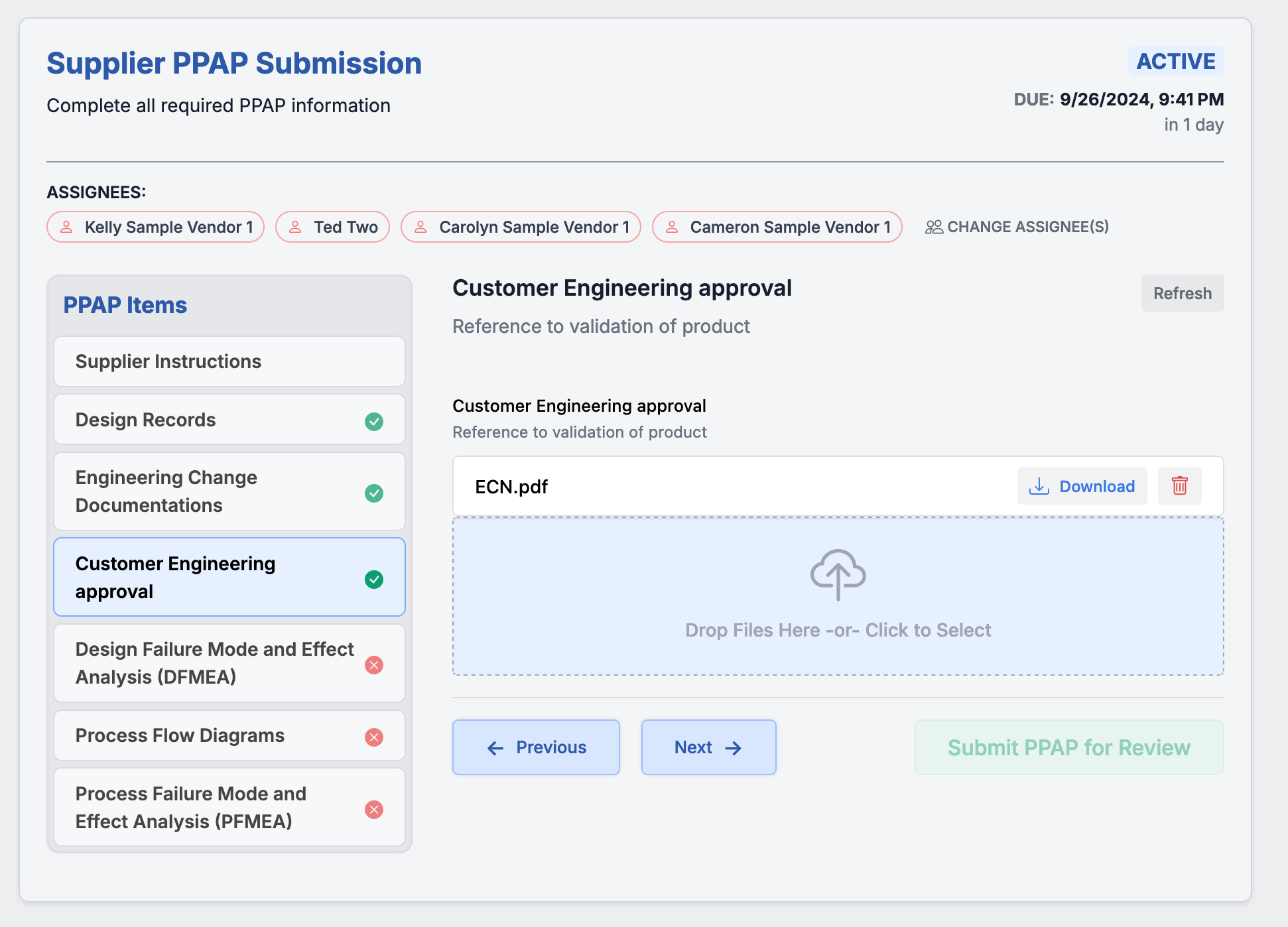 Example PPAP submission in Supplios