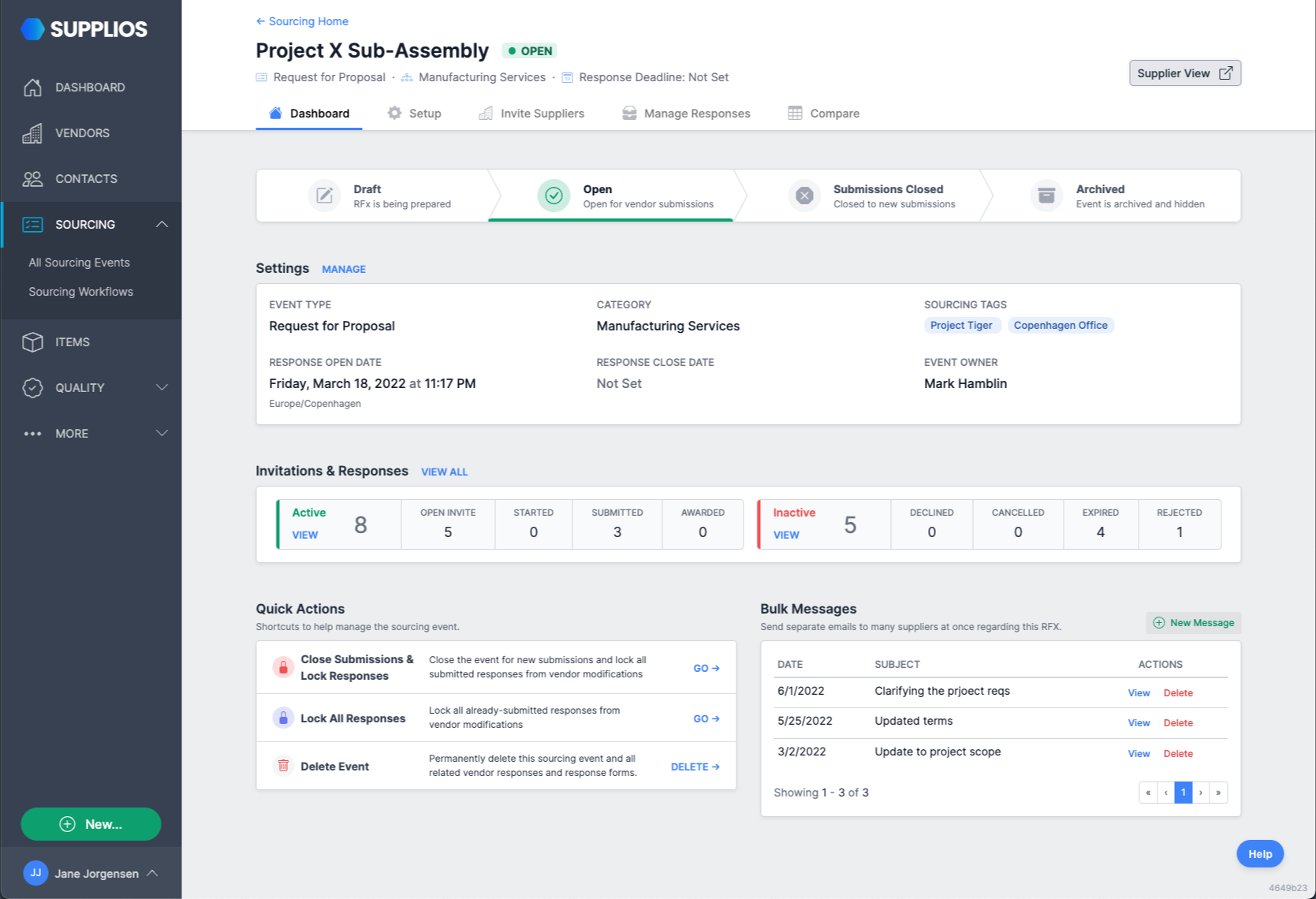 RFQ dashboard in the Supplios Sourcing module