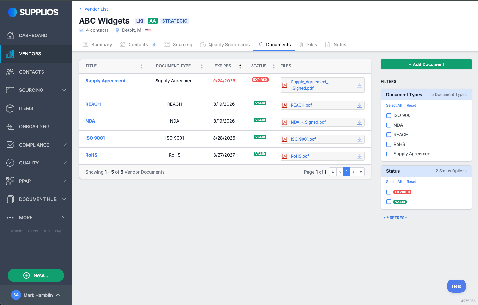 Supplier compliance documents connected to supplier records