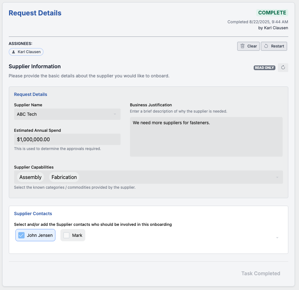 Supplier onboarding task management in Supplios